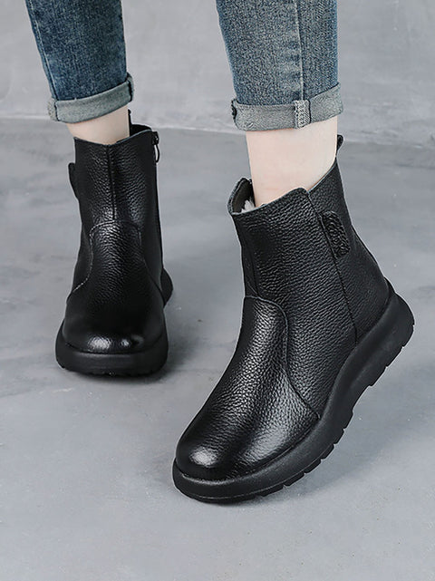 Botas de inverno femininas de couro legítimo com forro de lã