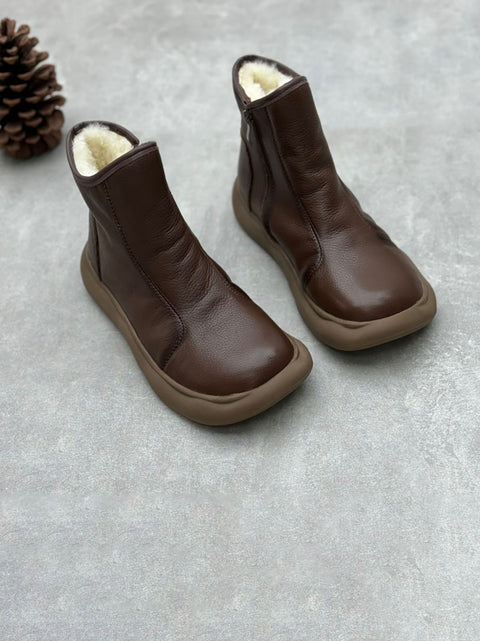 Botas femininas de inverno em couro macio com forro de lã