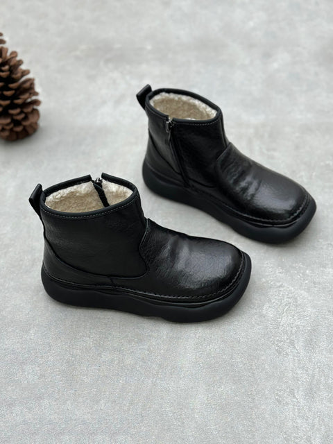 Botas femininas de inverno em couro legítimo com plataforma forrada de lã