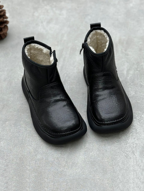 Botas femininas de inverno em couro legítimo com plataforma forrada de lã