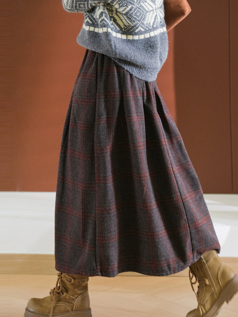 Plus Size Women Autumn Plaid Cotton A-Shape Skirt