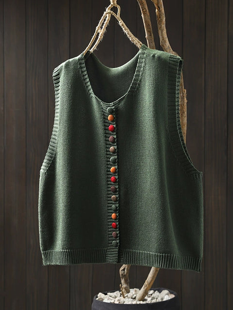 Women Casual Autumn Wool O-Neck Colorful Button Knit Vest