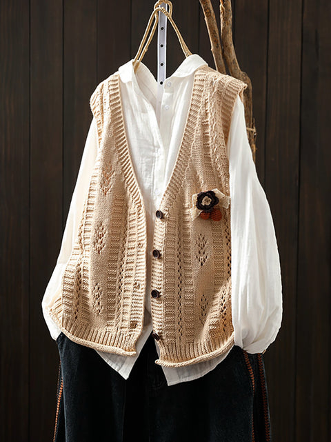 Women Casual Autumn Cotton V-Neck Cable Knit Vest