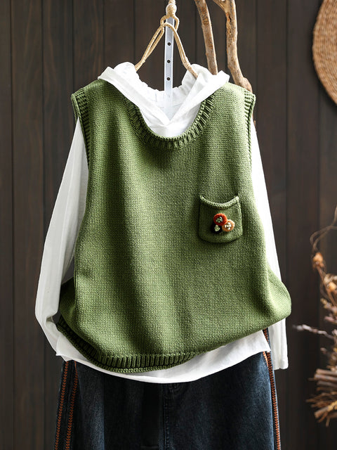 Women Vintage Flower Pocket O-Neck Knit Vest