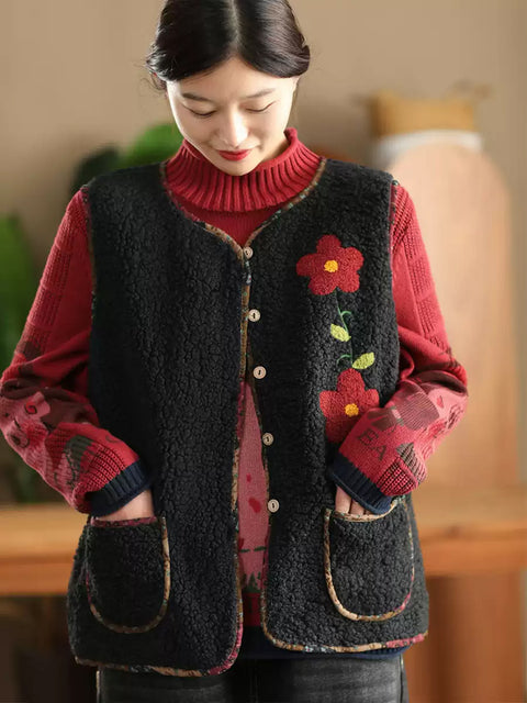 Colete de lã feminino com gola redonda e flores de inverno