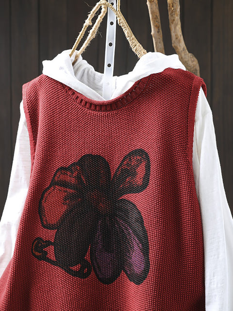 Colete de malha feminino com gola redonda e flores de inverno