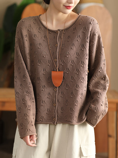 Women Autumn Perforated Knit O-Neck Cotton Sweater