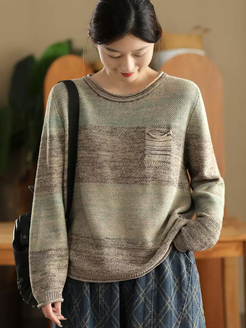 Women Autumn Colorblock O-Neck Cotton Sweater