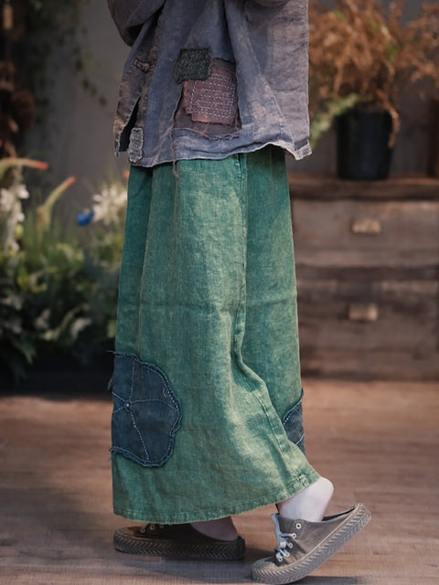 Women Spring Patch Spliced Linen Skirt