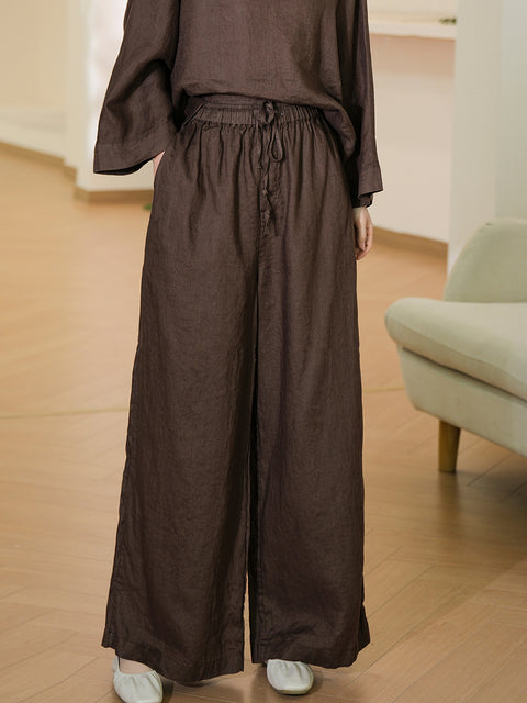 Women Spring Pure Color 100%Linen Wide-leg Pants