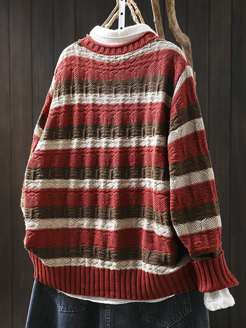 Women Autumn Colorblock Stripe O-Neck Cotton Sweater