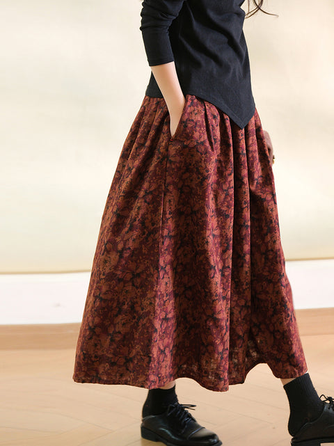 Women Spring Flower 100%Cotton A-Shape Skirt