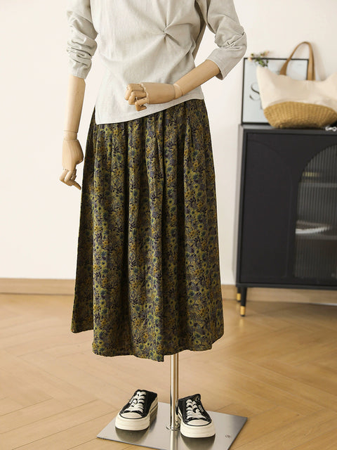 Women Spring Flower 100%Cotton A-Shape Skirt