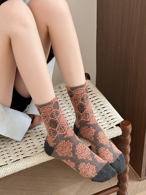 5 pares de meias femininas de algodão jacquard floral artsy