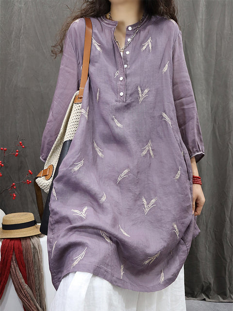 Women Spring O-Neck Embroidery 100%Ramie Long Shirt