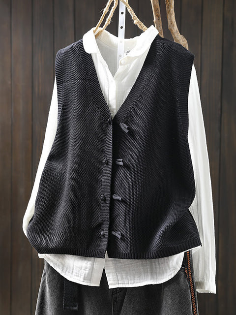 Women Spring Pure Color Knit V-Neck Cardigan Vest