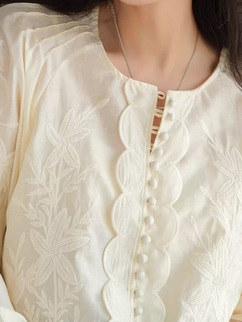 Women Spring Flower Embroidery O-Neck Shirt