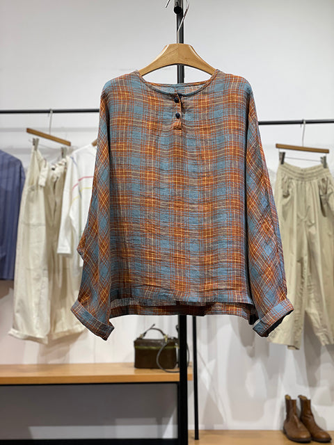 Women Spring Plaid O-Neck Linen Shirt