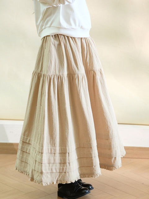 Women Spring Pure Color 100%Cotton Lace Hem Skirt