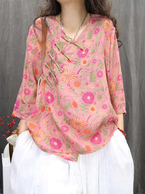 Women Spring Ethnic V-Neck Flower 100%Ramie Shirt