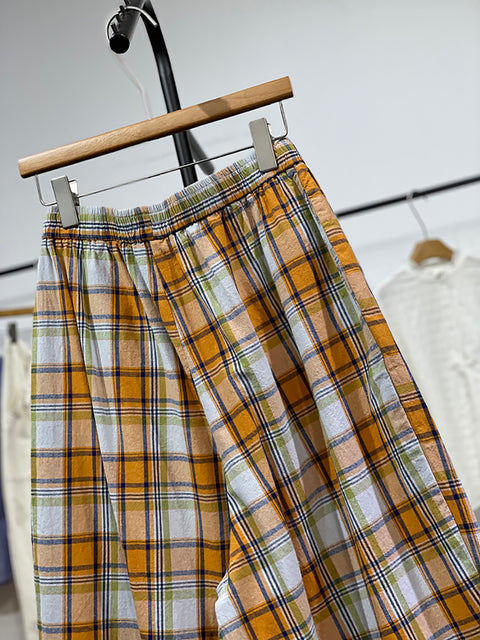 Women Spring Retro Plaid Wide-leg Pants