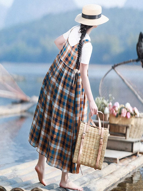 Women Spring Artsy Plaid 100%Linen Vest Dress