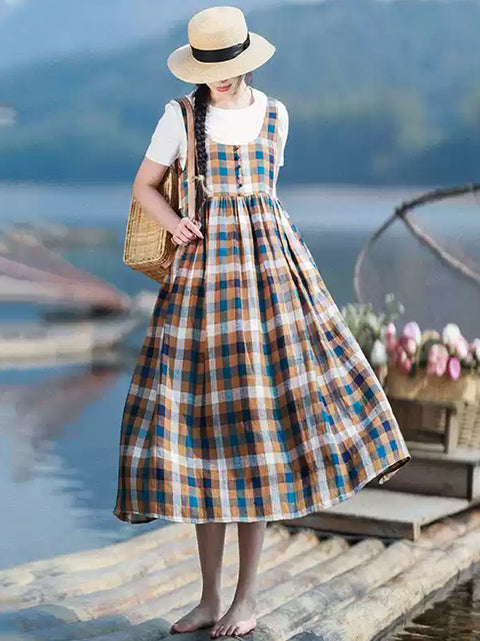 Women Spring Artsy Plaid 100%Linen Vest Dress