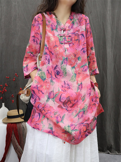 Women Spring Ethnic V-Neck Flower 100%Ramie Shirt