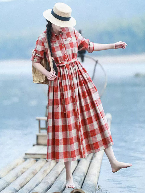 Women Spring Artsy Plaid Turn-down Collar 100%Cotton Dress