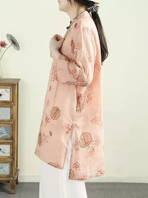 Women Ethnic Spring Flower Stand Collar Ramie Shirt