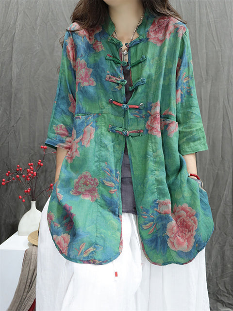 Camisa feminina Artsy Summer Flower Stand Collar 100% Ramie