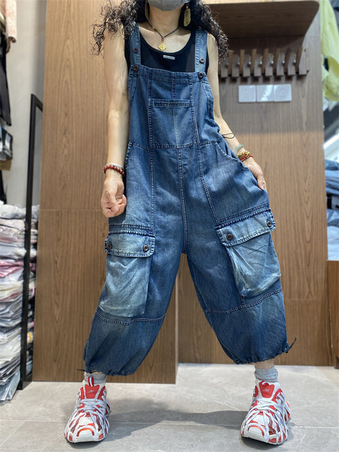 Women Spring Retro Denim Loose Jumpsuits