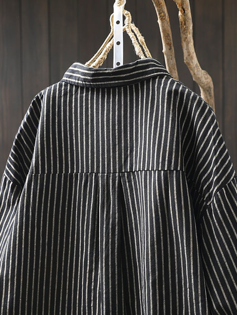 Women Spring 100%Cotton Stripe Turn-down Collar Shirt