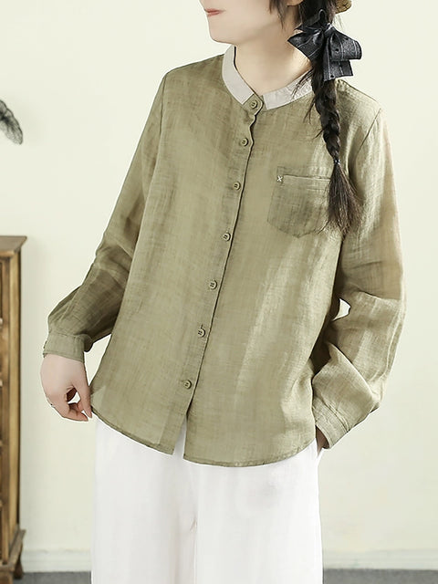 Women Artsy Spring Pure Color Stand Collar 100%Ramie Shirt