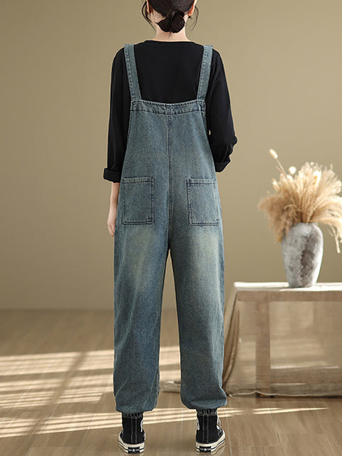 Women Spring Artsy Pocket Denim Loose Jumpsuits