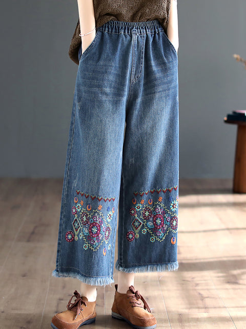 Women Spring Ethnic Denim Embroidery Wide-leg Pants