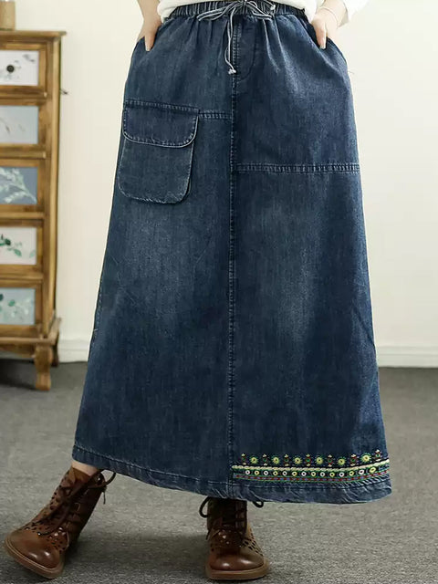 Women Spring Retro Embroidery A-Shape Denim Skirt