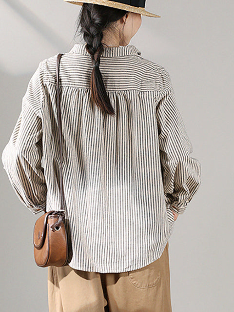 Women Autumn Vintage Stripe Cotton Turn-down Collar Shirt