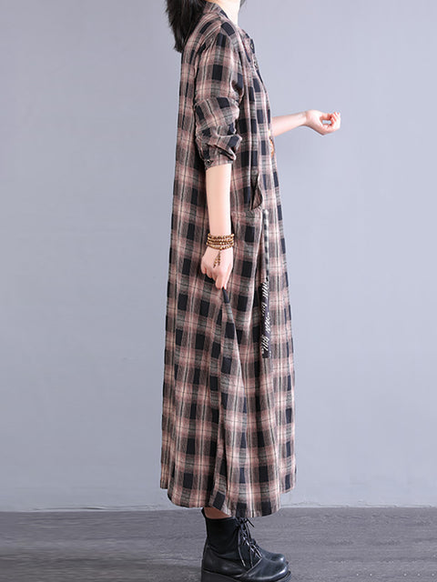 Women Spring Plaid Stand Collar Spliced 100%Cotton Dress