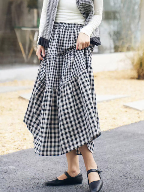 Women Spring Vintage Plaid Loose Tiered Skirt