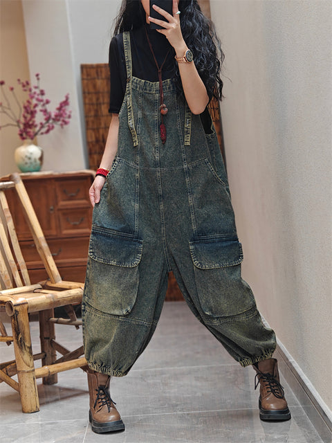 Women Spring Worn Washed Denim Loose Jumpsuits