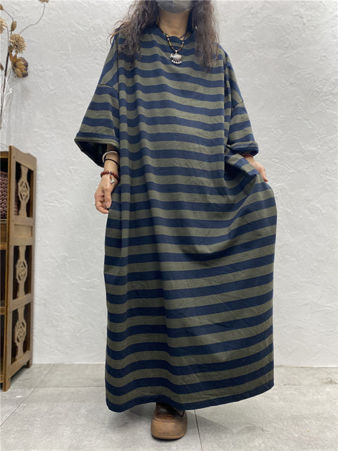 Women Spring Artsy Stripe O-Neck Maxi Dress