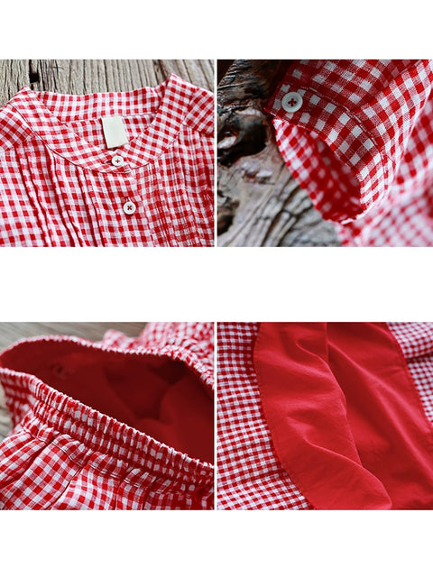 Women Summer Vintage Red Plaid 100%Linen Loose Suits