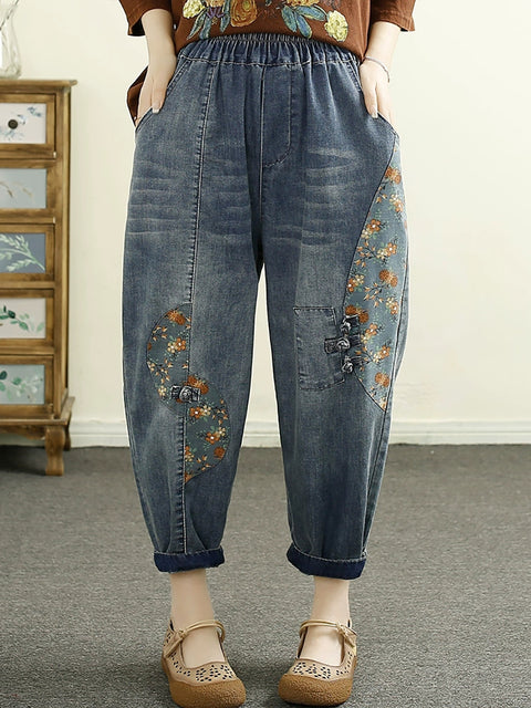 Calças harém femininas primavera artsy denim estampa floral