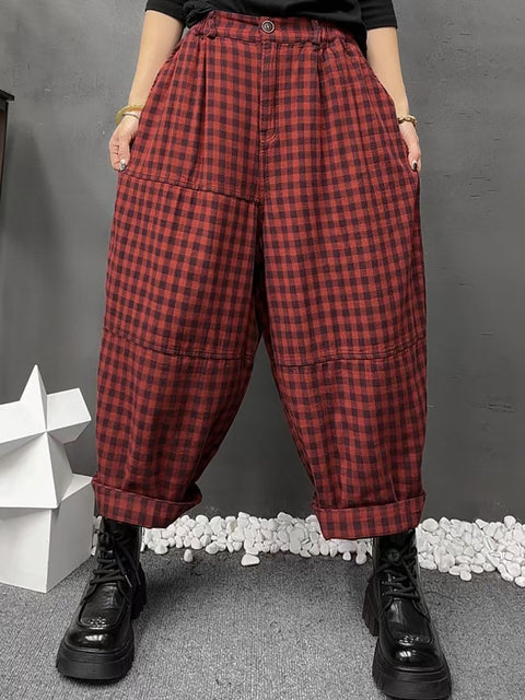 Women Vinage Spring Plaid Harem Pants