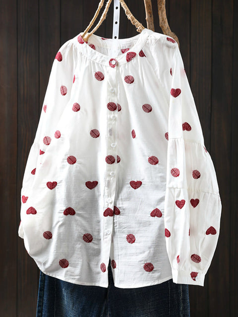 Women Artsy Heart Dot Embroidery 100%Cotton Shirt