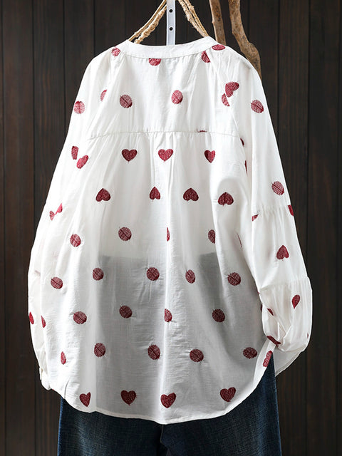 Women Artsy Heart Dot Embroidery 100%Cotton Shirt