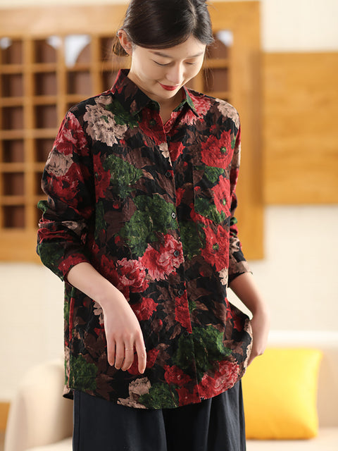 Women Artsy Spring Flower Turn-down Collar Shirt