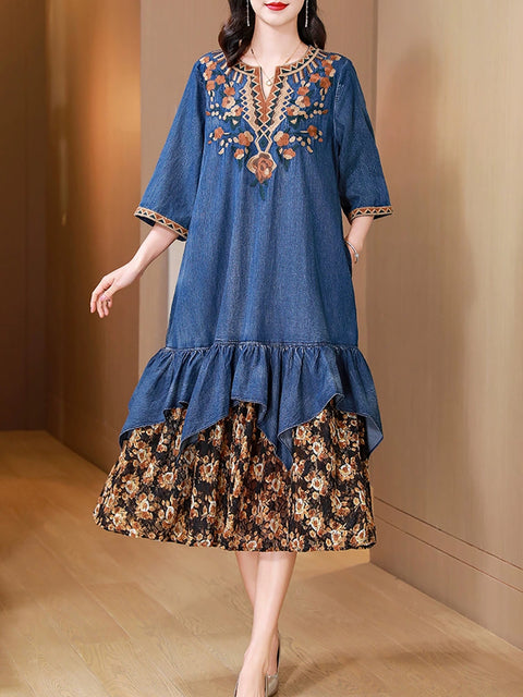 Women Summer Embroidery Flower Spliced V-Neck Denim Dress