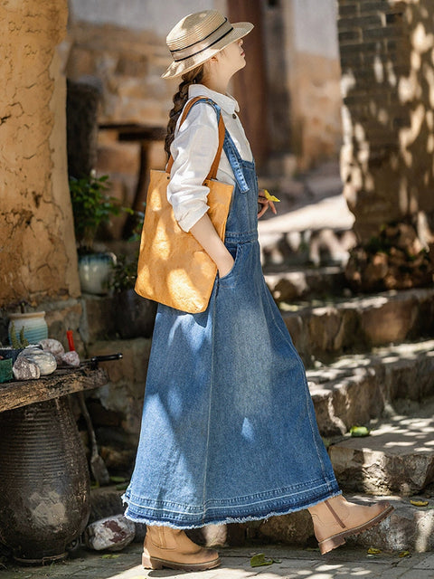 Women Spring Artsy Pure Color Denim Suspender Dress